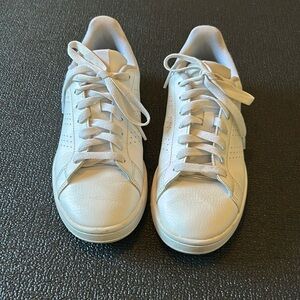 White leather adidas with light pink logo on back